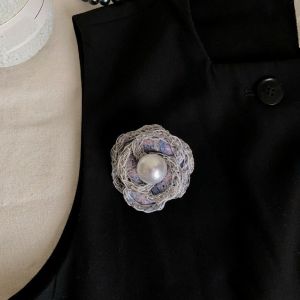 Silver Mesh Floral Brooch with Faux Pearl