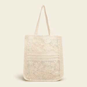 Cream Embroidered Lace Summer Floral Tote Bag