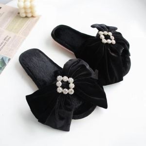 Black Velvet Slippers with Crystal Bow Detail