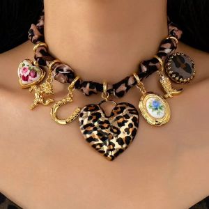 Leopard Print Choker Necklace with Shell & Sun Charm